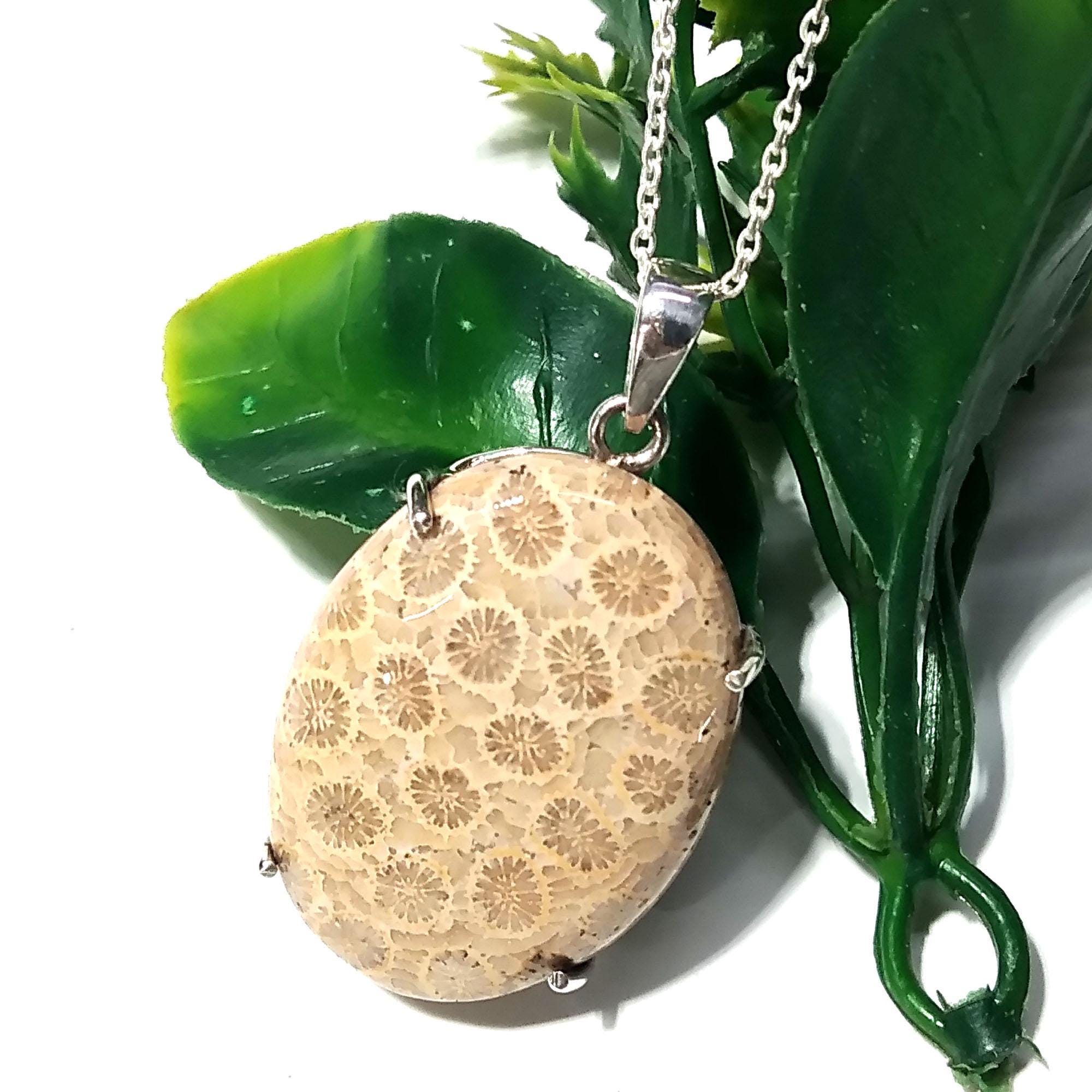 Natural Fossil Coral Gemstone Pendant, 925 Starling Silver Pendant Chain Necklace, Handmade Stone Size 32x23 mm Gift Birthstone Pendant